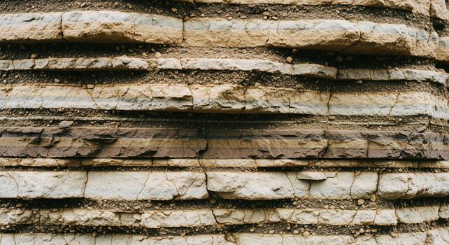 Close up of layered sedimentary rock formation showcasing distinct horizontal strata and varied mineral composition photo