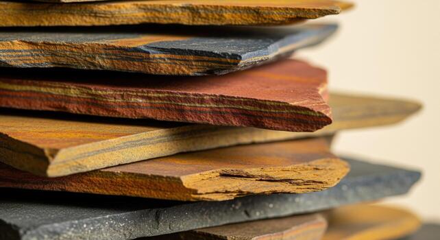 Macro view of stacked irregular slate rocks displaying rich earthy colors and natural patterns photo