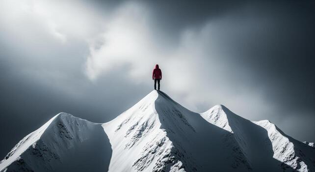 Solitary man in red jacket on snow covered mountain summit with cloudy sky photo