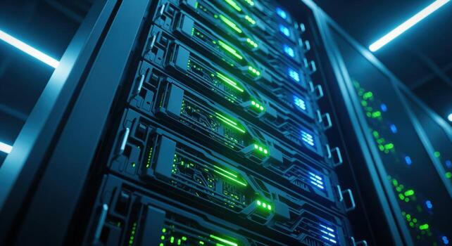 Close up of an ultra modern server rack with pulsating blue and green lights photo