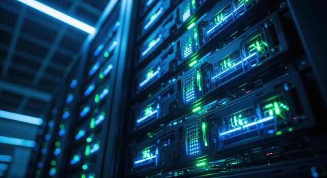 Close up of modern server rack with glowing blue and green lights in data center photo