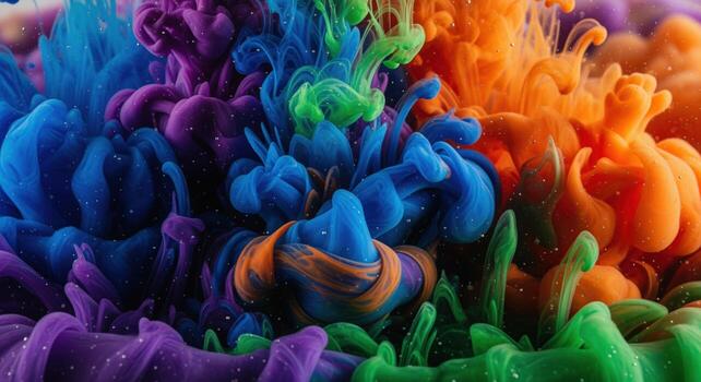 Vibrant colored inks swirling and blooming in clear water, creating an abstract fluid art background photo