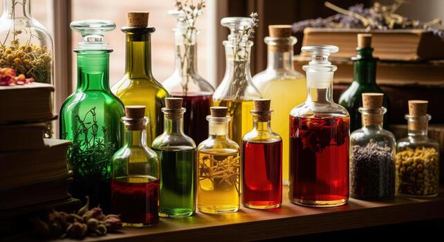 Close up display of colorful handcrafted apothecary bottles filled with natural herbal remedies photo