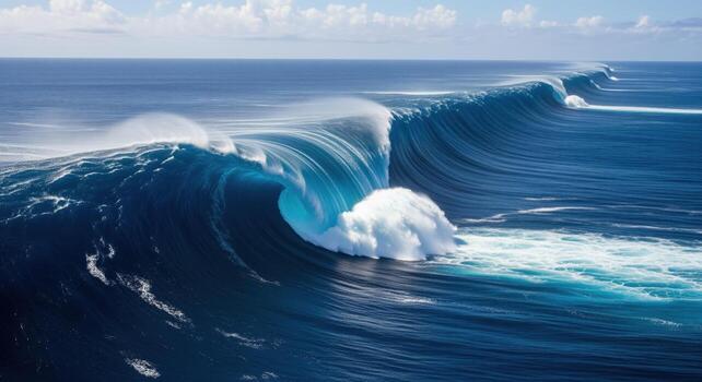 Colossal tsunami wave cresting in open ocean with powerful blue water and foam photo