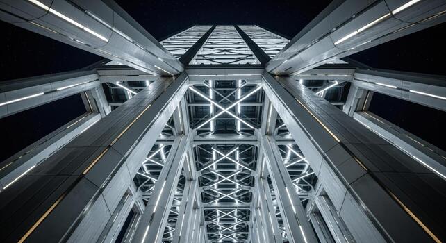 Futuristic low angle view of a modern megastructure with glowing linear lights at night photo