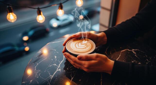 Hands holding steaming latte art cup with heart design on marble table by window photo