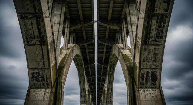Low angle view of massive weathered concrete bridge underside with arches and support columns photo