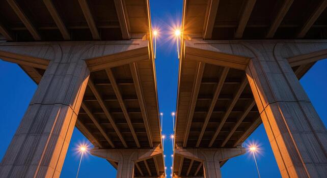 Modern concrete overpass underside with illuminated pillars and beams at twilight photo
