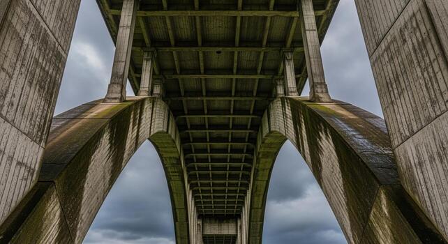 Low angle view of weathered concrete bridge arches and support columns against a cloudy sky photo