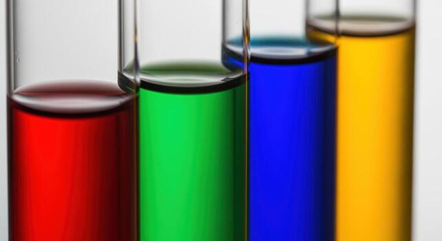 Vibrant colorful liquids in glass test tubes for science and chemistry experiments photo