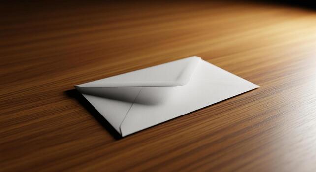 Crisp white envelope resting on a warm polished wooden surface with soft lighting photo