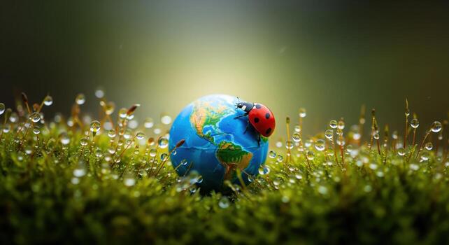 Tiny earth globe with red ladybug on wet green moss covered in sparkling dew drops photo