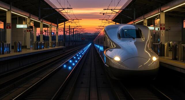 Sleek bullet train on tracks at a modern station platform at sunset photo