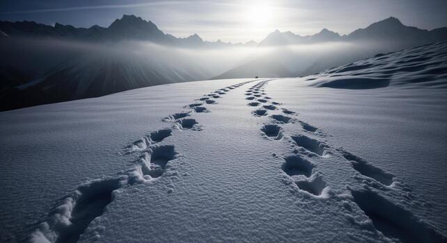 Two parallel lines of human footprints deeply pressed into fresh snow on a mountain path photo
