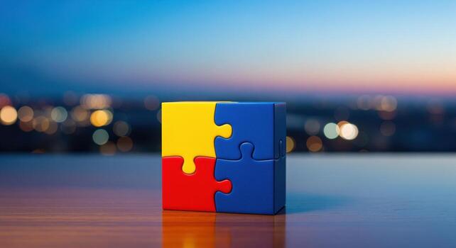 Four colorful puzzle pieces forming a cube on a table with blurred city lights at dusk photo