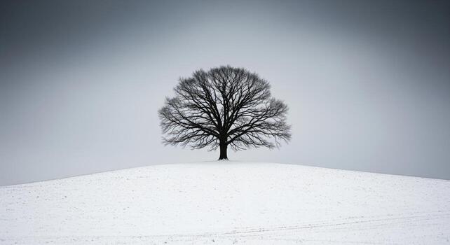 Stark minimalist winter landscape featuring a bare tree on a snow covered hill photo