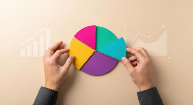 Man hands assembling colorful pie chart segments on a beige background with financial graphs photo