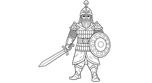Child friendly outline of Rustam mighty Persian hero in armor and decorated helmet vector