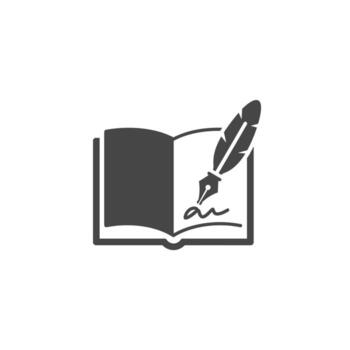 An open book with a pen and feather icon vector