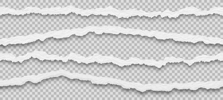 Collection of realistic seamless torn paper edges with shadows isolated on light background. vector