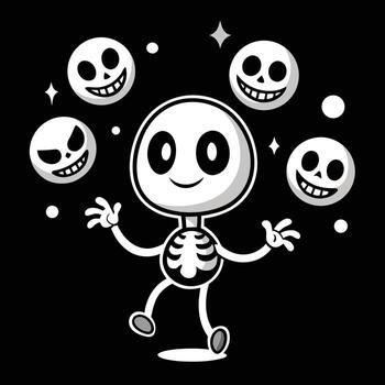 Cute Skeleton Character with Floating Skulls on Black Background vector