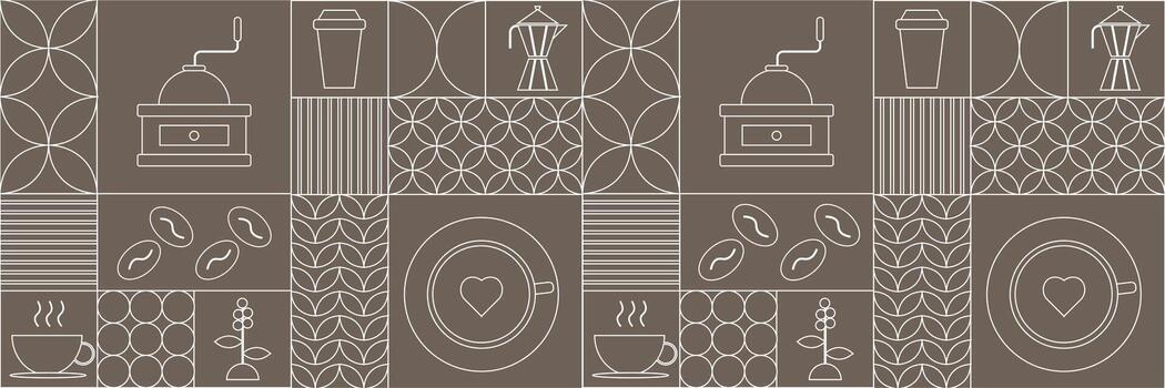 sin costura café modelo con línea Arte íconos incluso tazas, frijoles, muelas, ir tazas, moka ollas, y decorativo geométrico formas en un moderno mínimo estilo vector