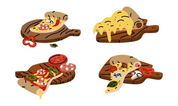 set of triangular pizza slices on a wooden tray. A flat color illustration with doodle lines. variety of toppings. Cheese, peppers, tomatoes, spinach, and mushrooms. Different positions of the slices vector