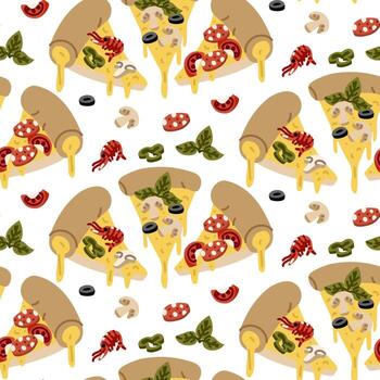 Pattern triangular pieces of ready-made pizzas are arranged in semicircle. Different toppings. Sausage, cheese, tomatoes, shrimp, mushrooms. Flat colorful seamless texture. Ingredients are randomly vector