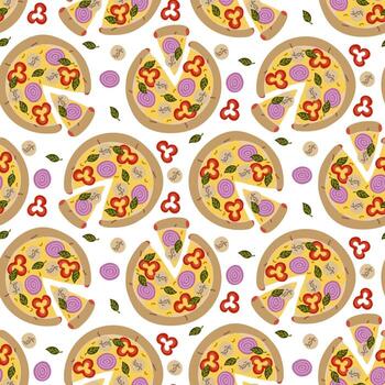 Pattern cooked round pizza with a triangular cut, with sausage filling. Special filling. Sausage, mozzarella, pepper, onion, spinach. Flat colored seamless texture. Ingredients are randomly arranged vector