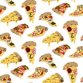 pattern of triangular pizza slices with different toppings. Flat color illustration with doodle lines in a seamless texture. Cheese, sausage, peppers, tomatoes, mushrooms, food. Different positions. vector