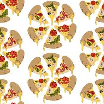 pattern is cooked pizza cut into triangular slices. Each slice has different topping. Sausage, cheese, tomatoes, shrimp, mushrooms, peppers, olives, spinach. pizza has. flat colorful seamless texture vector