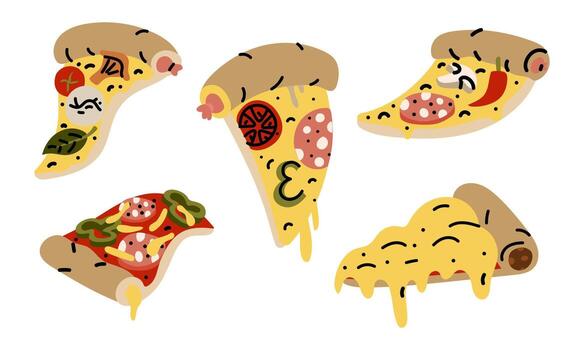 un conjunto de triangular Pizza rebanadas con varios coberturas un plano color ilustración con garabatear líneas. queso, embutido, pimienta, tomate, hongos, y otro comida elementos. diferente posiciones vector