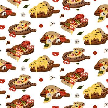 pattern of triangular pizza slices on a wooden tray. Flat color illustration with doodle lines in a seamless texture. Various toppings. Cheese, pepper, tomato, spinach, mushrooms. Different positions vector