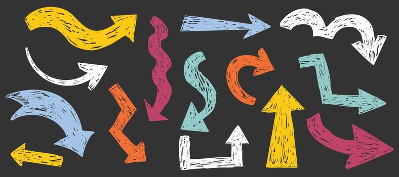 Thick arrow collection crayon or chalk drawing sketch grunge textured set. Different directions simple curve shape. Pencil, marker, pastel scribble vector