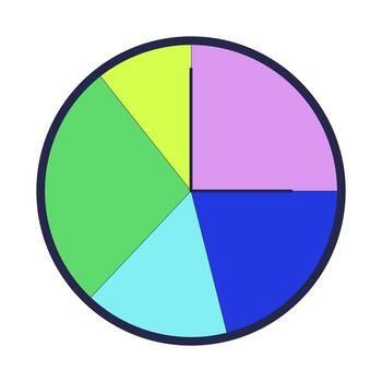 Colorful circular clock with five segments 2D cartoon object. Creative time visualization. Wall clockface data analysis isolated element flat clip art on white. Spot illustration vector