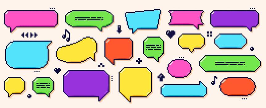Pixel art color dialogue boxes. Speech bubbles drawn in 8 bit Y2k style with some tiny dark elements. vector