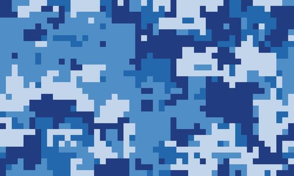 Abstract digital camouflage pattern in shades of blue. Perfect for backgrounds, textiles, or tech designs. Modern, pixelated style evokes themes of technology, concealment, and mystery. vector
