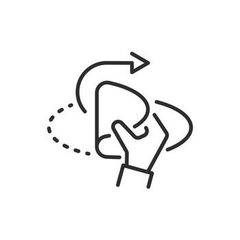 opened or peel off sticker icon, hand for open here, arrow pulling edge, thin line symbol on white background - editable stroke illustration eps10 vector