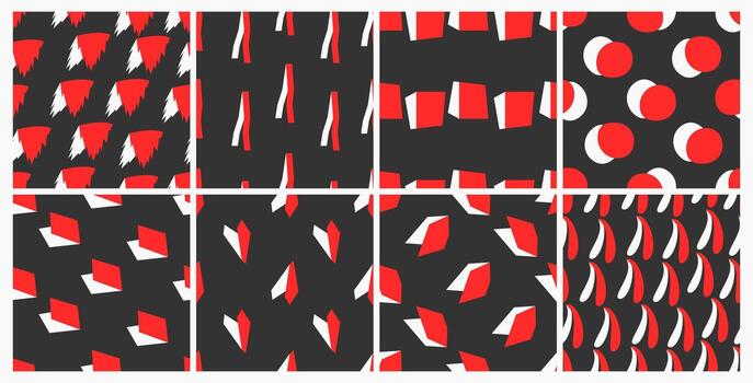 collection of eight seamless patterns with a refined abstract theme designed in striking red and white tones vector