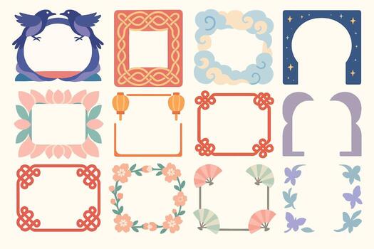 Chinese Valentine's Day Decorative Frame Set with Floral and Lantern Patterns vector