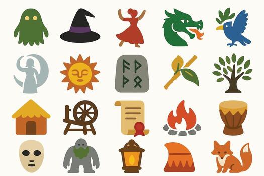 Folklore and Mythology Icon Set with Fantasy Creatures and Symbols vector