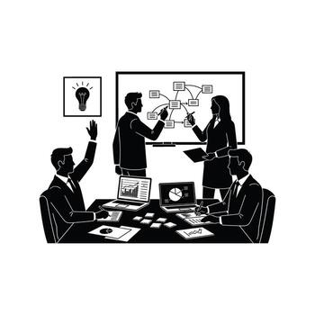 Business team brainstorming strategy planning meeting whiteboard ideas collaboration data analysis problemsolving session vector