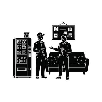 Two Workers on Coffee Break in Office Breakroom with Vending Machine vector