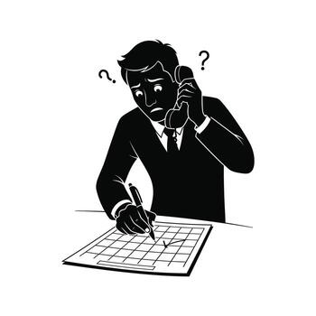 Confused businessman on phone taking notes problem solving business difficulties illustration vector