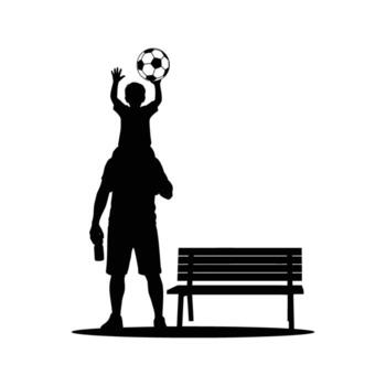 Silhouette of a man and child standing on a bench with a soccer ball vector