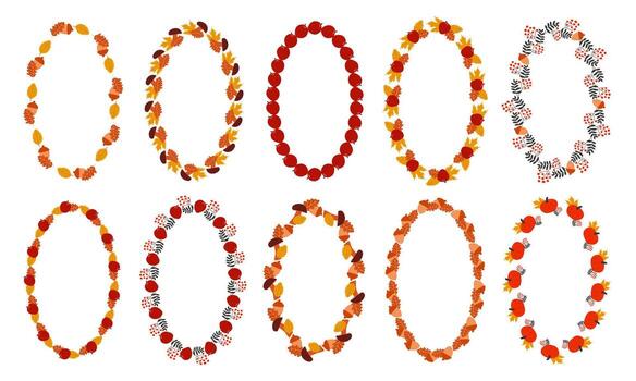 Autumn oval frame set. Oak and maple leaves, apples and acorn with rowan berry branch. Wreathes on transparent background. vector