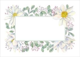 acuarela blanco loto, rosado Gypsophila rama y eucalipto hojas horizontal rectángulo marco en aislado antecedentes. floral frontera con vacío espacio para texto. para cumpleaños saludo tarjetas vector