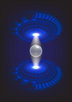 Futuristic hologram design with glowing blue lights projecting a wireframe sphere, abstract digital technology background. vector