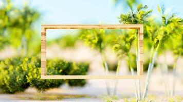 3d animación de flotante de madera marco con tropical palma arboles y verano bokeh antecedentes video