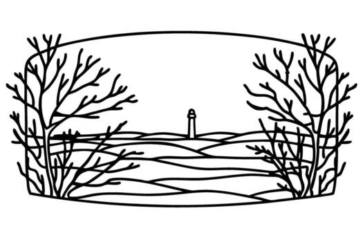 Minimalist lighthouse landscape with leafless trees coastal scene with bare branches and distant tower view vector